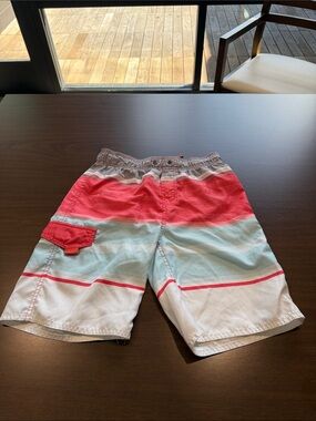First Wave Boys Swim Shorts in Coral, Light Blue & White